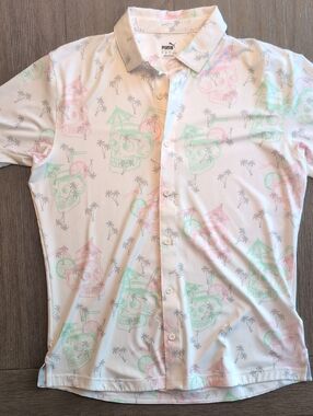 Puma White Short-Sleeve Button-Down with Pastel Pink & Mint Skull Print